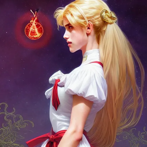 Prompt: Blonde Margaret Qualley as Sailor Moon, western, D&D, fantasy, intricate, elegant, highly detailed, digital painting, artstation, concept art, matte, sharp focus, illustration, art by Artgerm and Greg Rutkowski and Alphonse Mucha