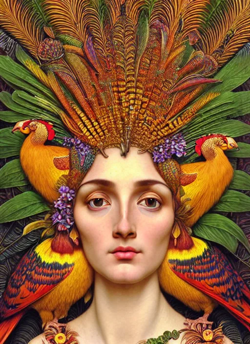 Image similar to hyperrealistic detailed face portrait of the beautiful goddess of the golden pheasants with an intricate headgear of golden pheasant, red berries, leaves, field flowers, pears, apples, art by ernst haeckel, john william godward, android jones, alphonso mucha, h. r. giger, gothic - cyberpunk, ornamental, beautiful deep colours,