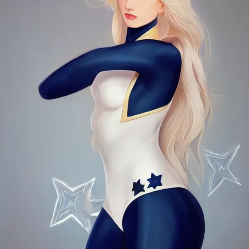 Prompt: a beautiful portrait of a beautiful cute superhero woman, blonde hair, matte navy - blue bodysuit with a white star and white cape, intricate, elegant, 8 k, highly detailed, digital painting, concept art, smooth, sharp focus, illustration, disney, anime, by artgerm and loish and wlop and alphonse mucha