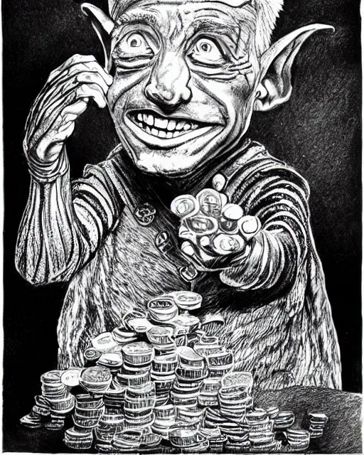 Prompt: pen and ink drawing of a goblin merchant smiling holding out his palm to show gold coins, by steve jackson and ian livingstone, highly detailed