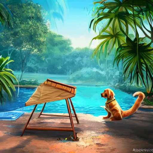 Image similar to swimming pool in the middle of the jungle a cat and a dog playing around , empty beach chair , highly detailed, digital painting, artstation, concept art