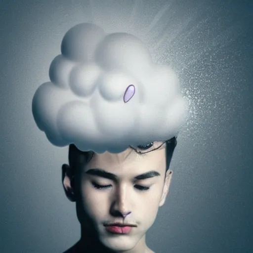 Prompt: A character with a cloud on his head, raindrops instead of tears, disheveled thoughts, the subtle existence of reality in time, a beautiful face, a sweet smile, gray shades