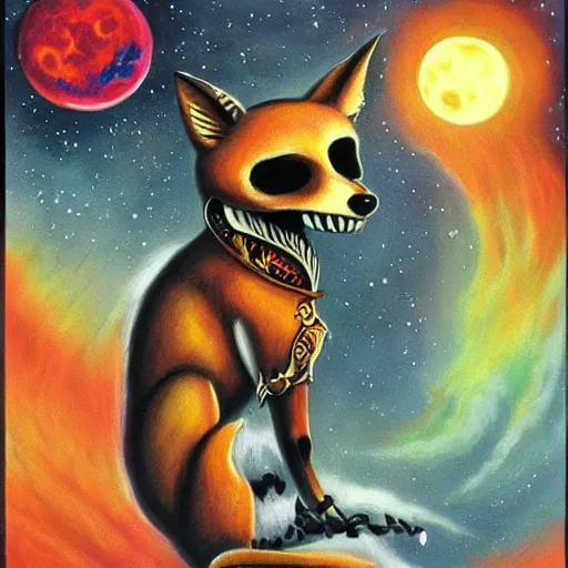 Image similar to a dia de los muertos themed fox skull character, themed on the stars and moon, painting by jeff easley