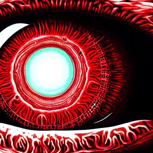 Image similar to a detailed extremely close up of inside the iris, cornea, red image, microscopic, extremely close up drawing by junji ito, cgsociety, generative art, lovecraftian, parallax, cosmic horror, extremely detailed, hyperrealism, unreal engine, octane render, award winning, masterpiece, highly detailed, realistic, 4 k, digital