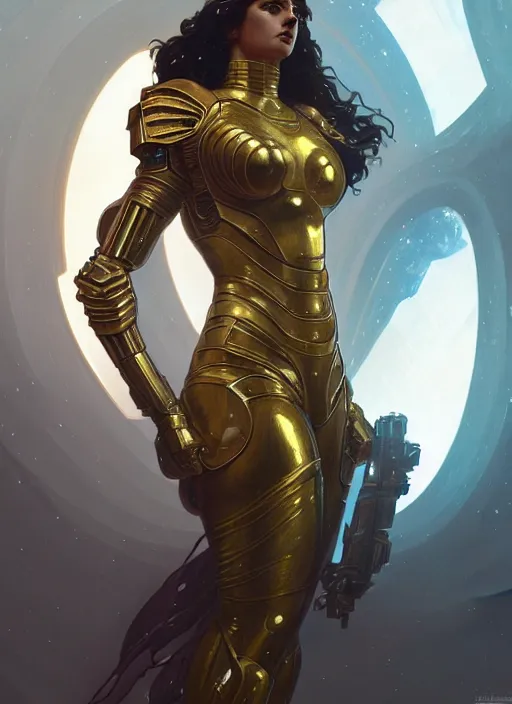 Image similar to the godess hera looking angry, sci - fi armour, tech wear, volumetric lights, sci - fi, intricate, elegant, highly detailed, digital painting, artstation, concept art, smooth, sharp focus, illustration, art by artgerm and greg rutkowski and alphonse mucha