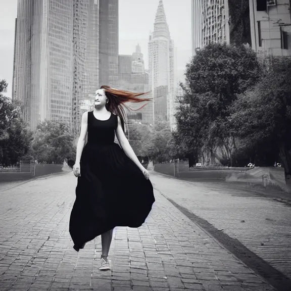 Prompt: portrait of 2 5 - year - old woman godess with angle 1 0 0 ° centred looking away fresh air, strong spirit and look happy, background city blured futuristic