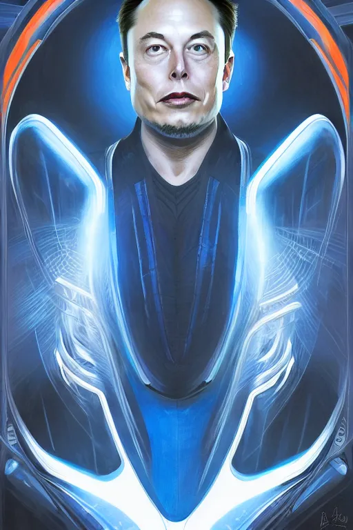 Image similar to elon musk as a blue suit spider man, realistic portrait, symmetrical, highly detailed, digital painting, artstation, concept art, smooth, sharp focus, illustration, cinematic lighting, art by artgerm and greg rutkowski and alphonse mucha