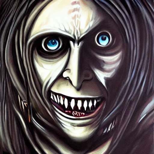 Prompt: beautiful painting of giant jeff the killer with a theatre embedded in its chest in the style of Welder Wings and H. R. Giger. Dark background, detailed, trending on Artstation