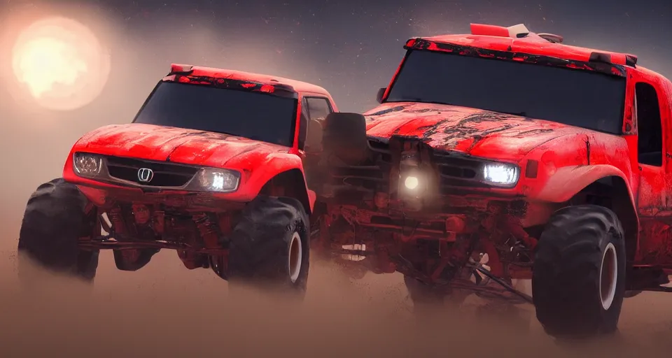 Image similar to Red Honda Acura Monster truck, with blue polka dots, Wallpaper, stunning photo, cinematic lighting, perfect composition, 8K, ultra-detailed , Trending on artstation, Octane render, Unreal Engine, highly detailed,