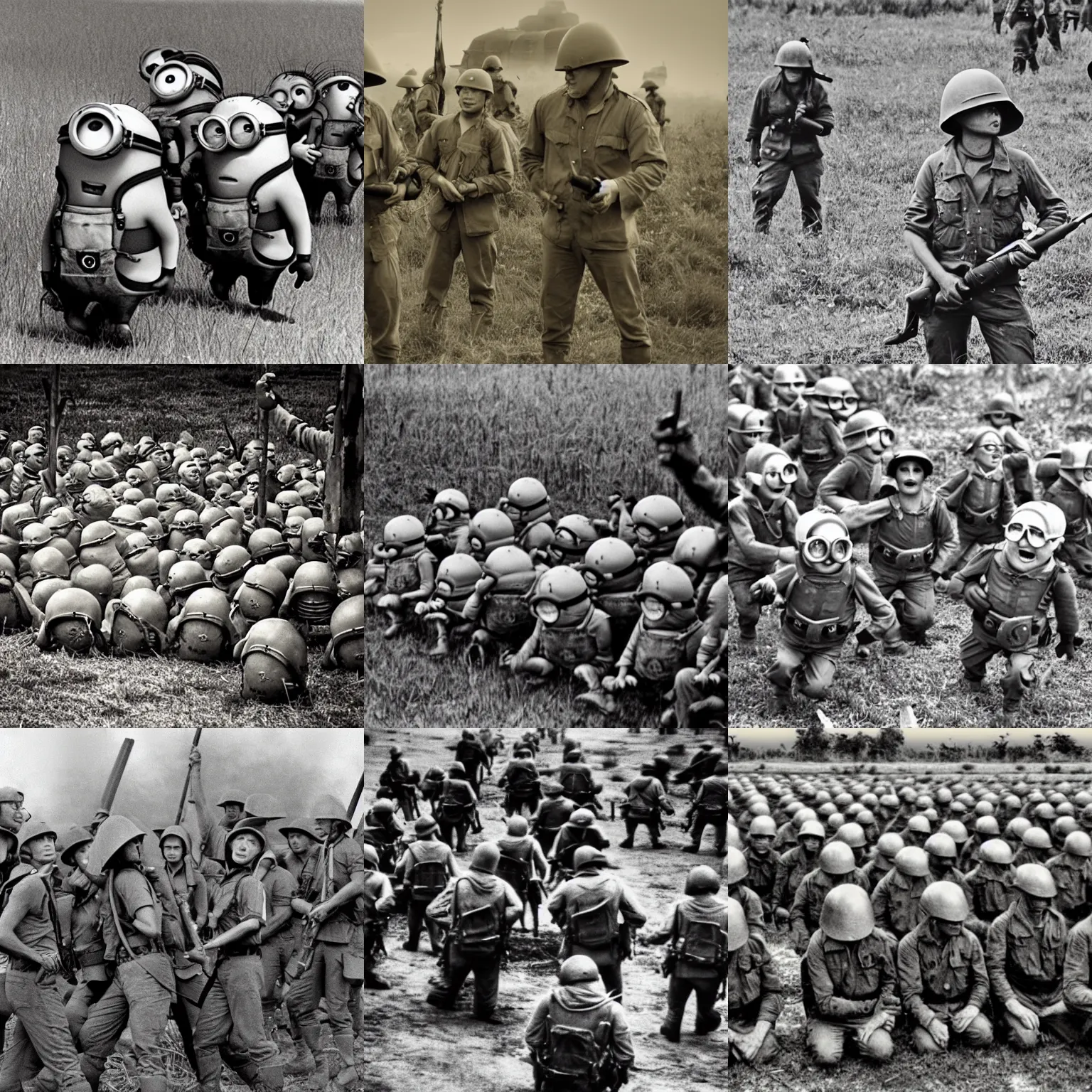 Prompt: minions on vietnam war, sepia filmed, high detailed photo