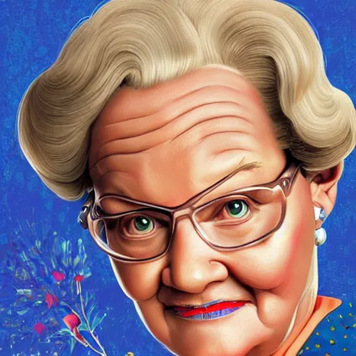 Image similar to will smith as mrs doubtfire, pixar cute, highly detailed, sharp focus, digital painting, artwork by Victor Adame Minguez + Yuumei + Tom Lovell + Sandro Botticelli