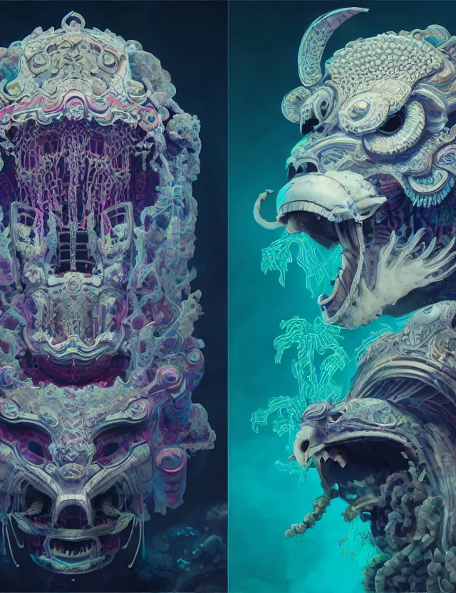 Image similar to 3 d liminal space abandoned space temple frontal portrait with ram skull. beautiful intricately detailed japanese crow kitsune mask and clasical japanese kimono. betta fish, jellyfish phoenix, bio luminescent, plasma, ice, water, wind, creature, artwork by tooth wu and wlop and beeple and greg rutkowski