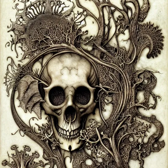 Image similar to memento mori by arthur rackham, art forms of nature by ernst haeckel, exquisitely detailed, art nouveau, gothic, ornately carved beautiful skull dominant, intricately carved antique bone, art nouveau botanicals, ornamental bone carvings, art forms of nature by ernst haeckel, horizontal symmetry, arthur rackham, ernst haeckel, symbolist, visionary