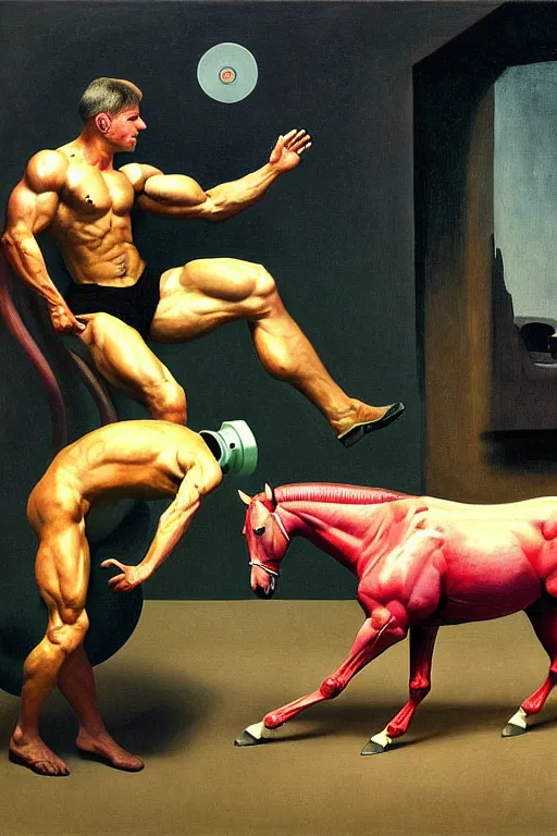 Prompt: , astronaut bodybuilder doing bench press with a horse instead of a dumbbell astronaut bodybuilder doing bench press with horse instead of dumbbell, hauntingly surreal, highly detailed painting by francis bacon, edward hopper, adrian ghenie, gerhard richter, and james jean soft light 4 k,