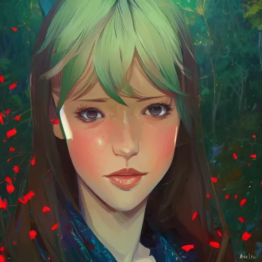 Prompt: portrait of rachel maksy, forest background, rich vivid colors, ambient lighting, dynamic lighting, 4k, official media, anime key visual, makoto shinkai, ilya kuvshinov, lois van baarle, rossdraws, detailed, trending on artstation