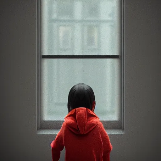 Image similar to girl looking at rainy window, fine art style, octane render, hyper realistic, hi definition, unreal engine, fantasy theme, 8 k