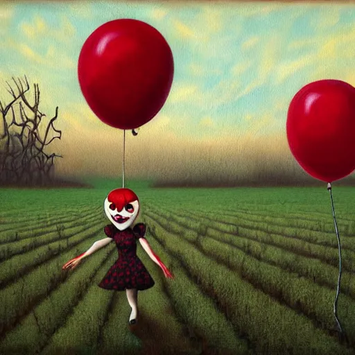 Image similar to grunge painting of a cornfield with a wide smile and a red balloon by chris leib, loony toons style, pennywise style, corpse bride style, horror theme, detailed, elegant, intricate, conceptual, volumetric light