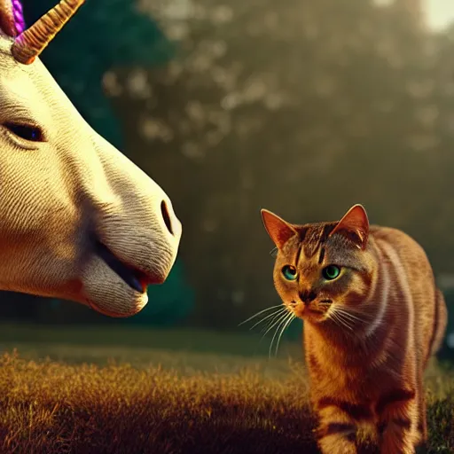 Prompt: a closeup photorealistic photograph of a unicorn with a cat for a horn. film still, vibrant colors. this 4 k hd image is trending on artstation, featured on behance, well - rendered, extra crisp, features intricate detail, epic composition and the style of unreal engine.