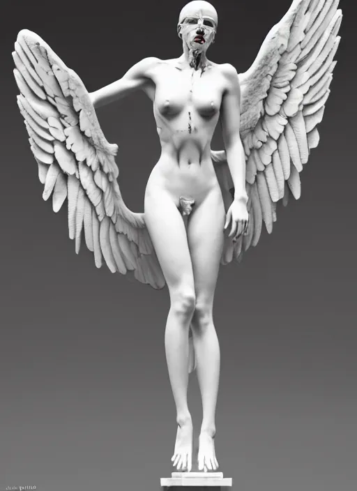 Image similar to a statue made of white marble covered in blood, of an gorgeous futuristic cybernetic angel girl, prostheses, transhumanism, full body shot, perfect symmetrical body, perfect symmetrical face, hyper realistic, hyper detailed, by johannen voss, by peter kemp, by monia merlo, by michelangelo, octane render, blender, 8 k