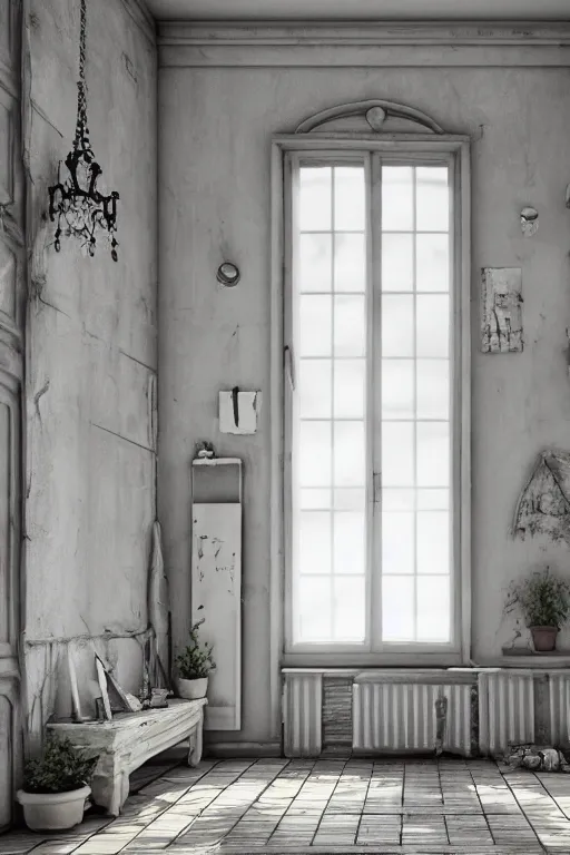 Prompt: matte sharp photo realistic shabby chic room with windows, artstation behance