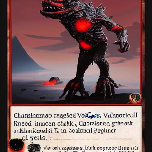 Image similar to a highly detailed red and black obsidian volcanic goblin, like magic the gathering, goblin chainwalker, with a volcano in the background ” w 7 6 8