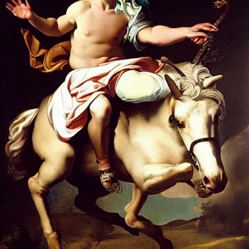 Prompt: a baroque painting of jake paul riding a unicorn, ultra detailed, intricate, dramatic, award winning art by caravaggio,