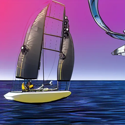 Image similar to Marvel!! comic style futuristic sailboat with solar sales and robot! captain!, digital art, 8k