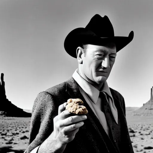 Image similar to a cinematic 5 0 s portrait photography of john wayne eating chocolate chunk space cookies, cowboy, monument valley landscape, farwest,