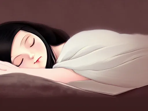 Image similar to room with an little girl with an long black hair dressed in a simple white dress sleeping, anime art style, digital art ilya kuvshinov, inspired by balthus, hd, 4 k, hyper detailed, dark, anatomically correct, angelic face