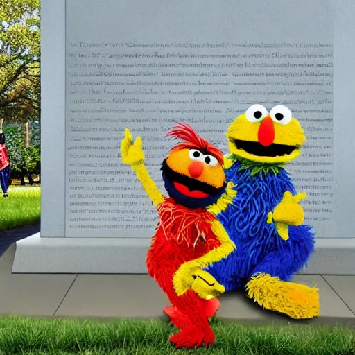 Image similar to Sesame Street characters at the Vietnam War Memorial, realistic, oil painting, by Russell Drysdale