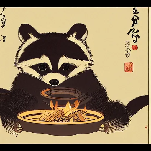 Image similar to little raccoon sitting by a cozy fireplace with a cup of tea. warm color temperature. ukiyo - e,