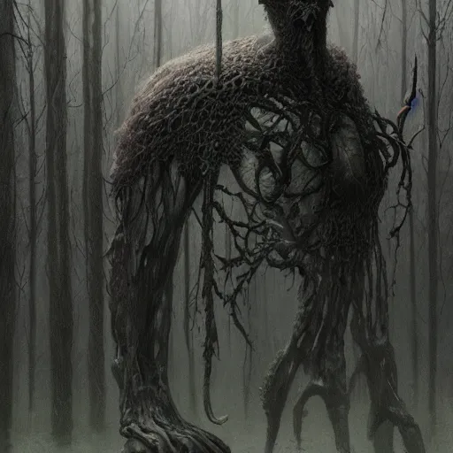 Prompt: concept art of a ancient magus, fae, skulled creature with black fur, elegant, tendrils, forest, heavy fog, fantasy, ultra realistic, wayne barlowe and zdzislaw beksinski