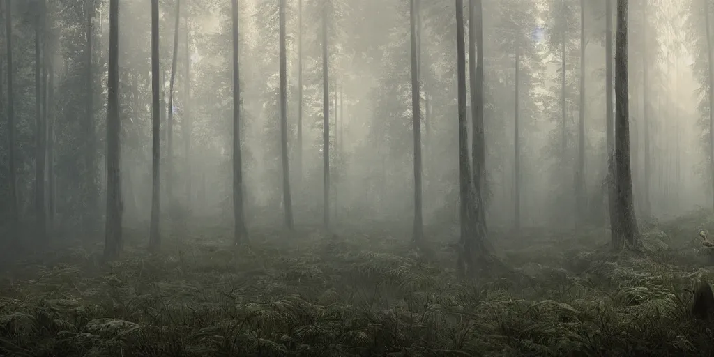 Image similar to highly detailed, intricate stunningly beautiful image of a forest , photorealistic, dusty and smokey, 8k, ethereal,matte painting, stunning atmosphere, morning,beautiful lit by Andrei Riabovitchev and Jacek Szynkarczuk and Zdzisław Beksiński