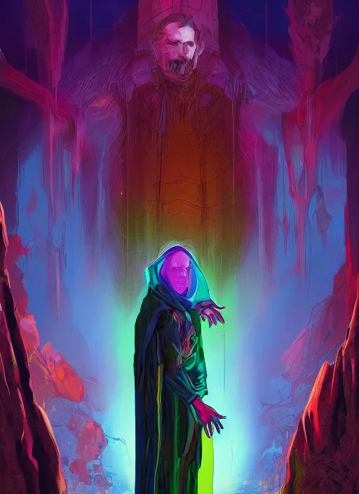 Image similar to a concept illustration of a colorful otherworldly character wearing a translucent robe above dark clothes dan mumford and rafael albuquerque, detailed, digital art, trending on artstation, hyper - realistic