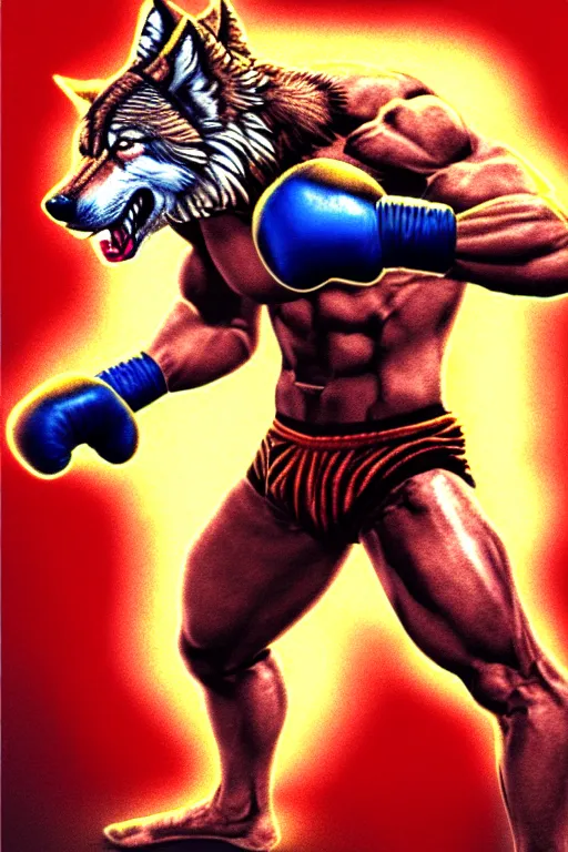 Prompt: extreme long shot. 8 bit nes graphics. antropomorphic muscular masculine wolf. kickboxer fighter in shorts. wolf head. art from nes game cartridge, 4 k, high detail