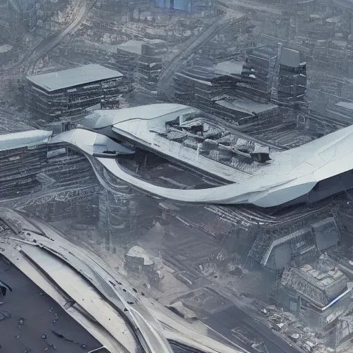 Image similar to Kazimierz Malewicz sci-fi motherboard airport view from above structure and digital billboard point cloud in the middle, unreal engine 5, keyshot, octane, artstation trending, ultra high detail, ultra realistic, cinematic, 8k, 16k, in style of zaha hadid, in style of nanospace, in plastic, dark, tilt shift,