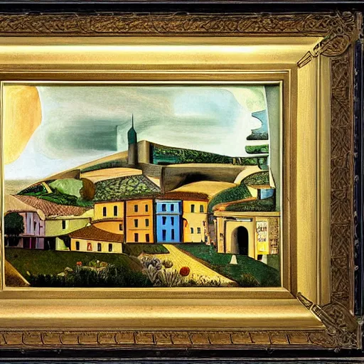 Image similar to solarpunk dreaming new York stock exchange in a toscana landscape with modern houses, painted by Salvador Dali, highly detailed