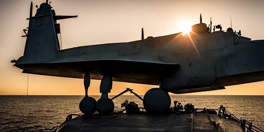 Prompt: warplane stand still on war ship, a dog cartoon symbol on its tail, sun on the background, high quality, award winning photography, photo professional, photography, 2 4 mm lens, f 2. 0, high quality, sharpen, detailed, 8 k, hd, uhd, color grading