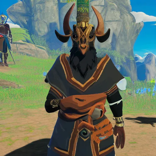 Image similar to a humanoid black goat wizard in breath of the wild, screenshot