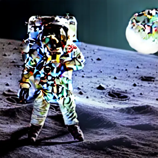 Image similar to a realistic matte painting of a dj with turntable play music on the moon, detailed, 8 k,