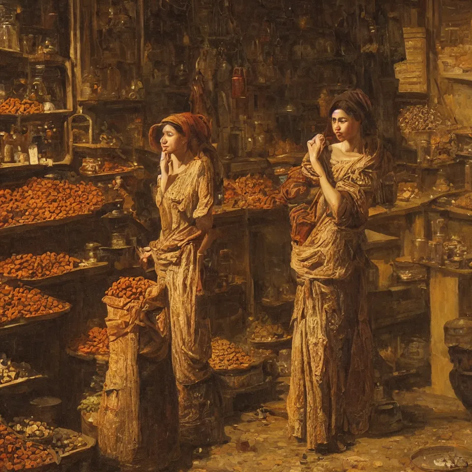 Image similar to young woman standing in a spice market at night byjohann mongels culverhouse, oil on canvas, masterful intricate artwork, excellent lighting, high detail 8 k