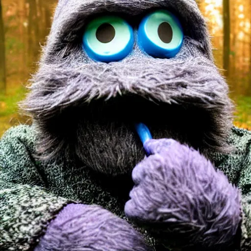 Image similar to the cookie monster as an old druid wizard, bald, bushy grey eyebrows, long grey hair, disheveled, wise old man, wearing a grey wizard hat, wearing a purple detailed coat, a bushy grey beard, sorcerer, he is a mad old man, laughing and yelling