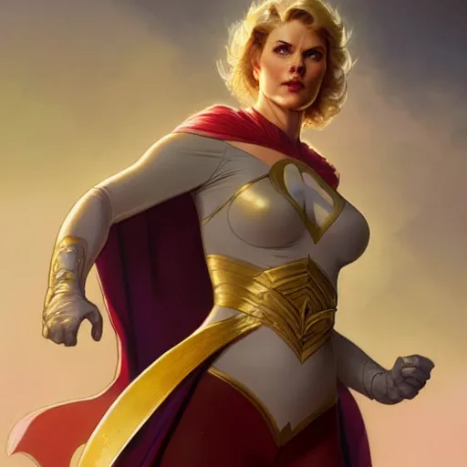 Image similar to Linda Carter as Power Girl, western, D&D, fantasy, intricate, elegant, highly detailed, digital painting, artstation, concept art, matte, sharp focus, illustration, art by Artgerm and Greg Rutkowski and Alphonse Mucha