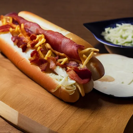 Image similar to professional photo of a hotdog sliced lengthwise with relish, cheese and bacon with a side of skin-on French fries, 4k