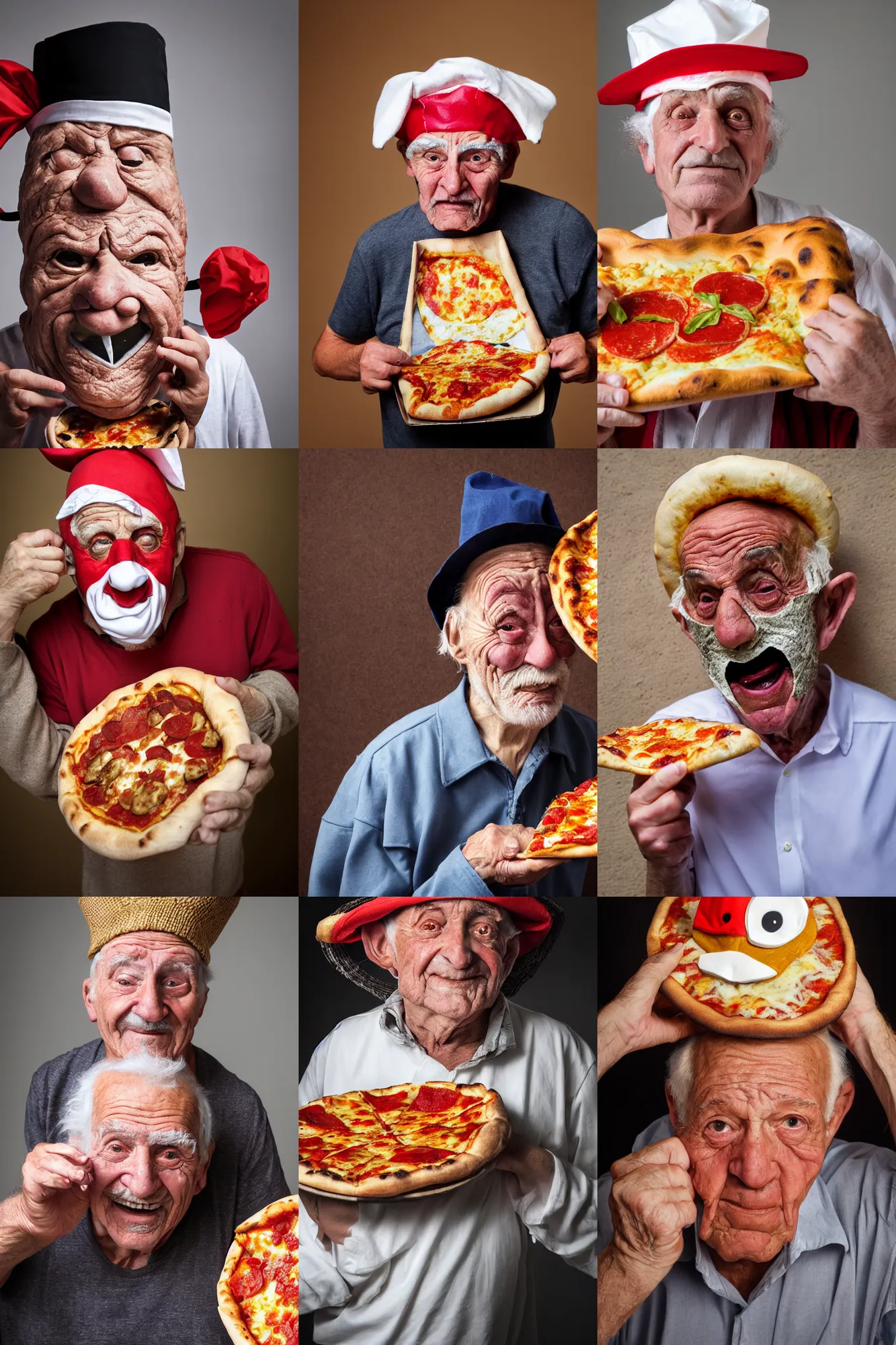 Prompt: close - up portrait of a wrinkled old man wearing a pulcinella mask holding up a pizza!! to behold, clear eyes looking into camera, baggy clothing and hat, masterpiece photo by joe mcnally