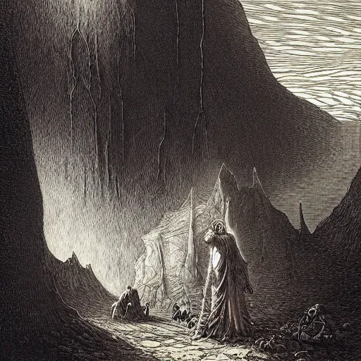 Image similar to etching by Franklin Booth and Gustav Doré showing frightened sorcerer in the desert by night, surrounded by nightmares in the shadows, mystic athmosphere, by Greg Rutkowski, deformed rocks, snakes, scorpions, UHD, 8K,