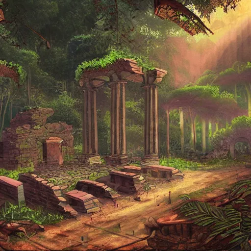 Image similar to ancient ruins in the forest, retrowave art, vaporwave, trending on art station