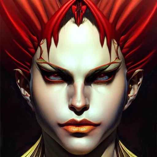 Image similar to portrait of a kefka, dark, piercing eyes, gentle expression, elegant clothing, photorealistic, highly detailed, artstation, smooth, sharp focus, art by michael whelan, artgerm, greg rutkowski and alphonse mucha