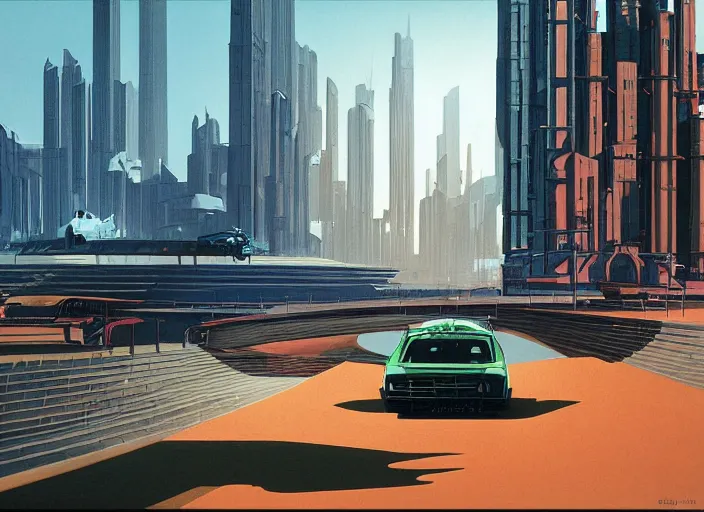 Image similar to a sport sedan truck in a future city. style by peter elson and eyvind earle.