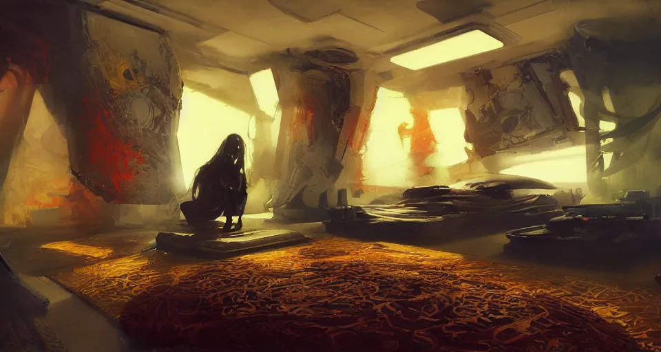 Prompt: futuristic bedroom interior, intricate, elegant, vivid colors, highly detailed, john park, craig mullins, sparth, ruan jia, jeffrey catherine jones